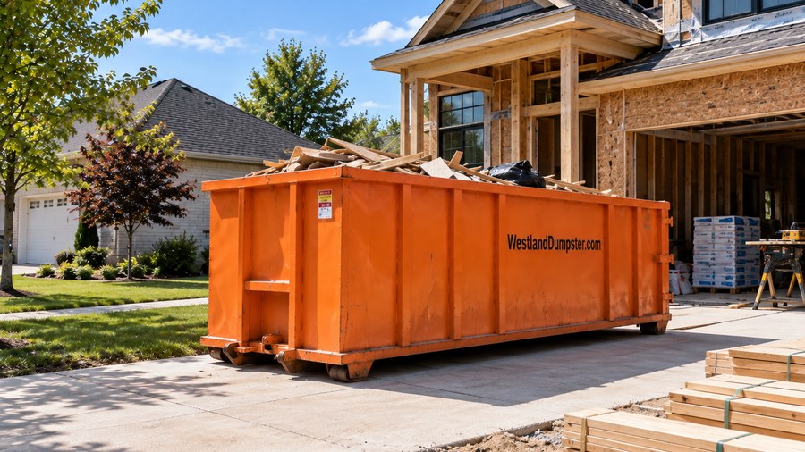 Orange roll-off dumpster at a residential construction project
