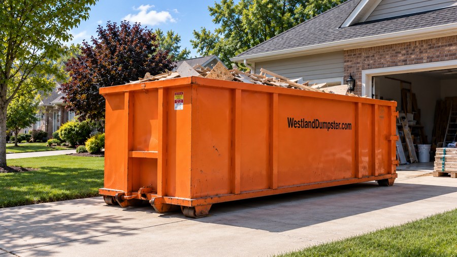 Orange roll-off dumpster for remodeling work in Westland Michigan